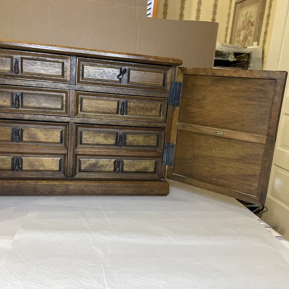 Large Wooden Chest Jewelry Box, Swing Open Doors, 6 Drawers, Mele‎ Japan Carved